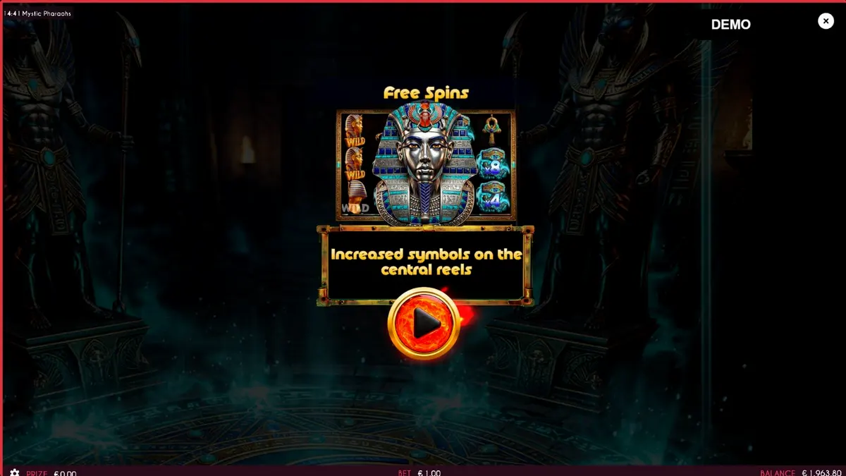 Interface do slot Mystic Pharaohs com símbolos egípcios e rolos dourados