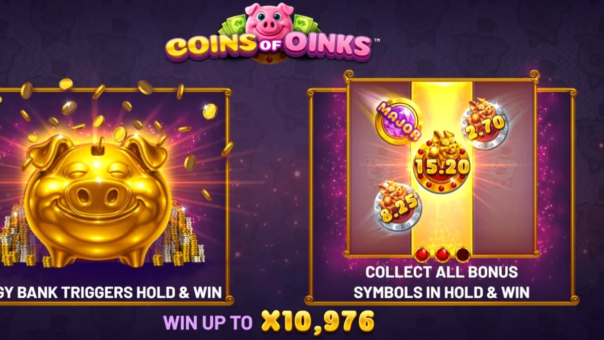 Personagens porquinhos luxuosos e moedas de ouro no slot Coins of Oinks