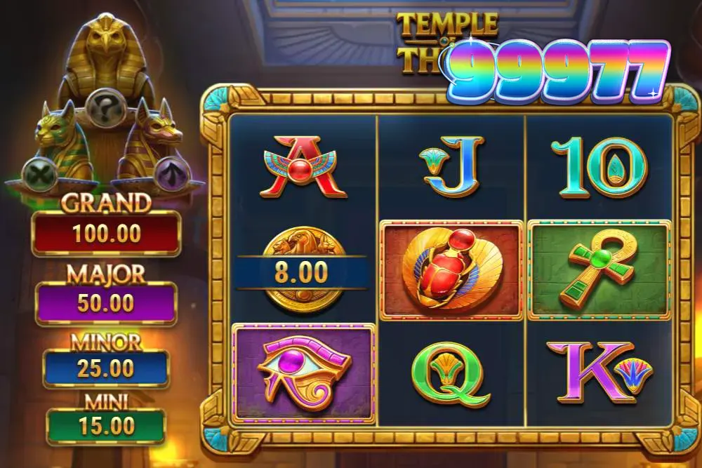 Interface do slot Temple of Three em um dispositivo móvel